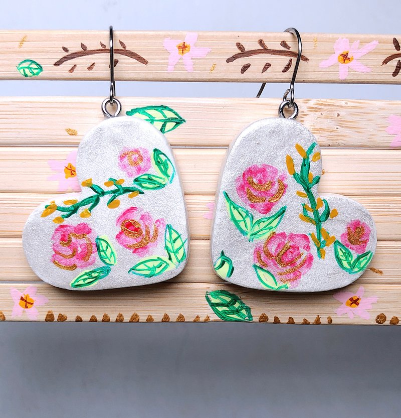 复古玫瑰手绘图 手作黏土耳环 手绘捏制 不锈钢 吊坠款 - 耳环/耳夹 - 粘土 银色