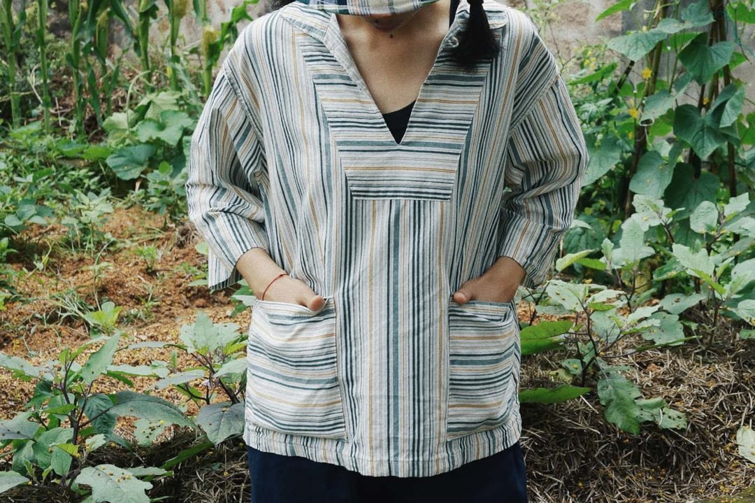 黃綠條紋 中性夏季防曬涼爽雙兜襯衣 日產色織純棉面料 - 女装上衣 - 棉 蓝色
