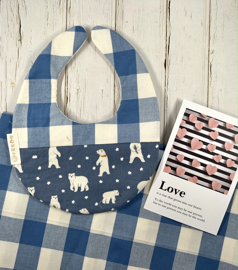 格纹松饼兜 蓝色北极熊 - 围嘴/口水巾 - 棉．麻 蓝色