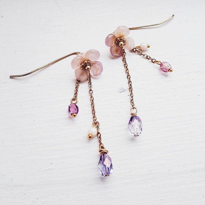 momolico 耳环 浪漫风 4瓣金粉小花  2段变化 - 耳环/耳夹 - 其他材质 粉红色