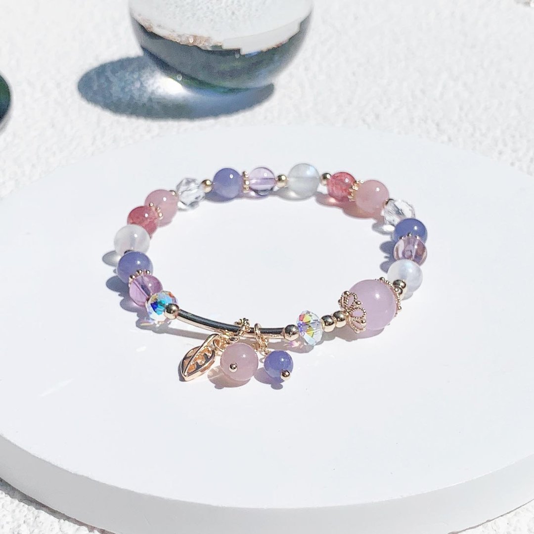 紫锂辉 坦桑石 紫水晶 粉水晶 草莓晶 月光石 14k 包金 水晶手链 - 手链/手环 - 水晶 多色