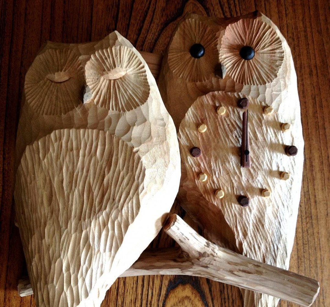 Hand carved  pair owl clock - 时钟/闹钟 - 木头 卡其色