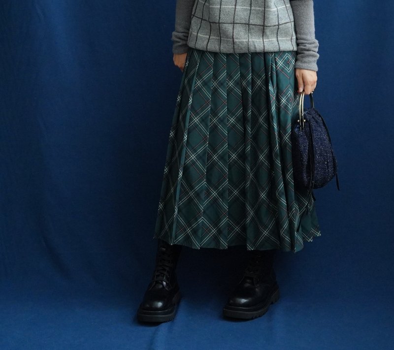 绿格子百褶裙古着中古裙 vintage - 裙子 - 其他材质 绿色