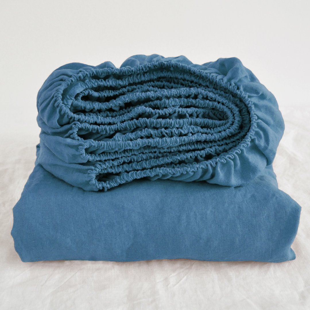 Denim blue linen fitted sheet / Softened linen bed sheet / Deep pocket - 寝具 - 亚麻 蓝色