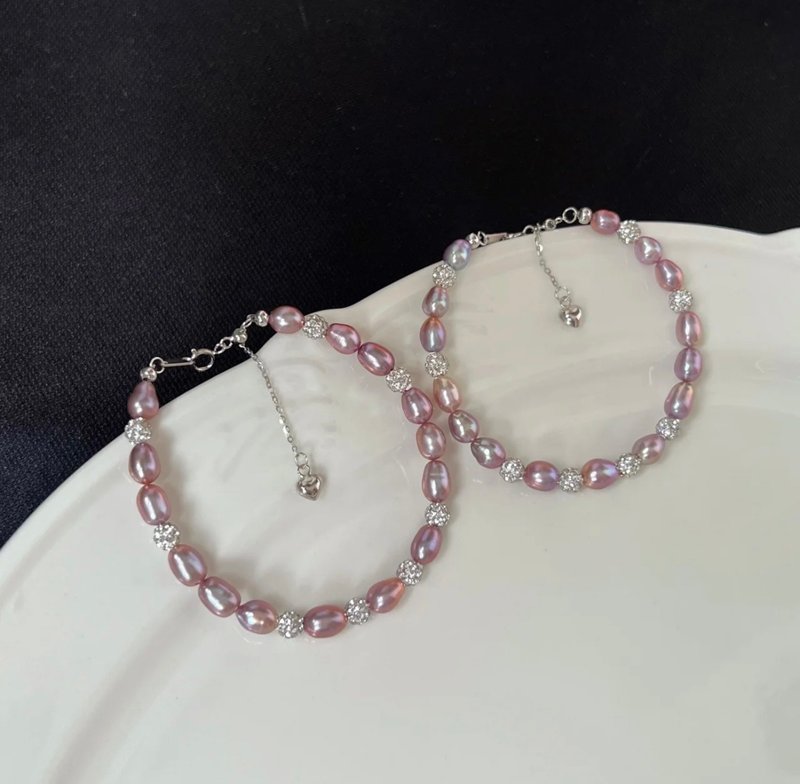 YuanPearl天然極光紫粉珍珠手鍊通勤百搭keshi米珍珠閃鑽銀手鍊 - 手链/手环 - 珍珠 紫色