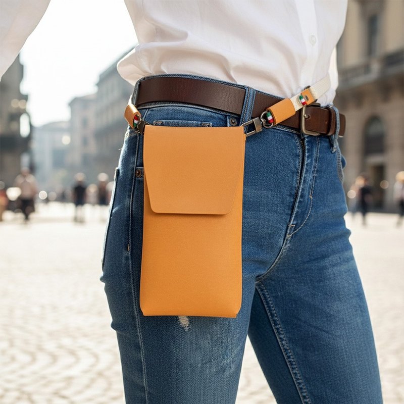 COZI-100% 植鞣革直式手机 腰挂包 随身包 手腕包 - 手机壳/手机套 - 真皮 橘色