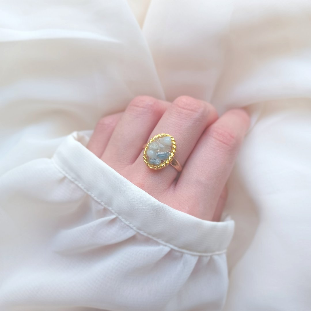 Natural stone aquamarine oval ring (Druzy style, one size fits all) - 戒指 - 树脂 蓝色