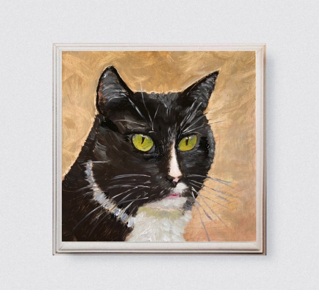 Black Cat original oil painting wall art pet portrait handmade 6 x 6 inches - 墙贴/壁贴 - 其他材质 黑色