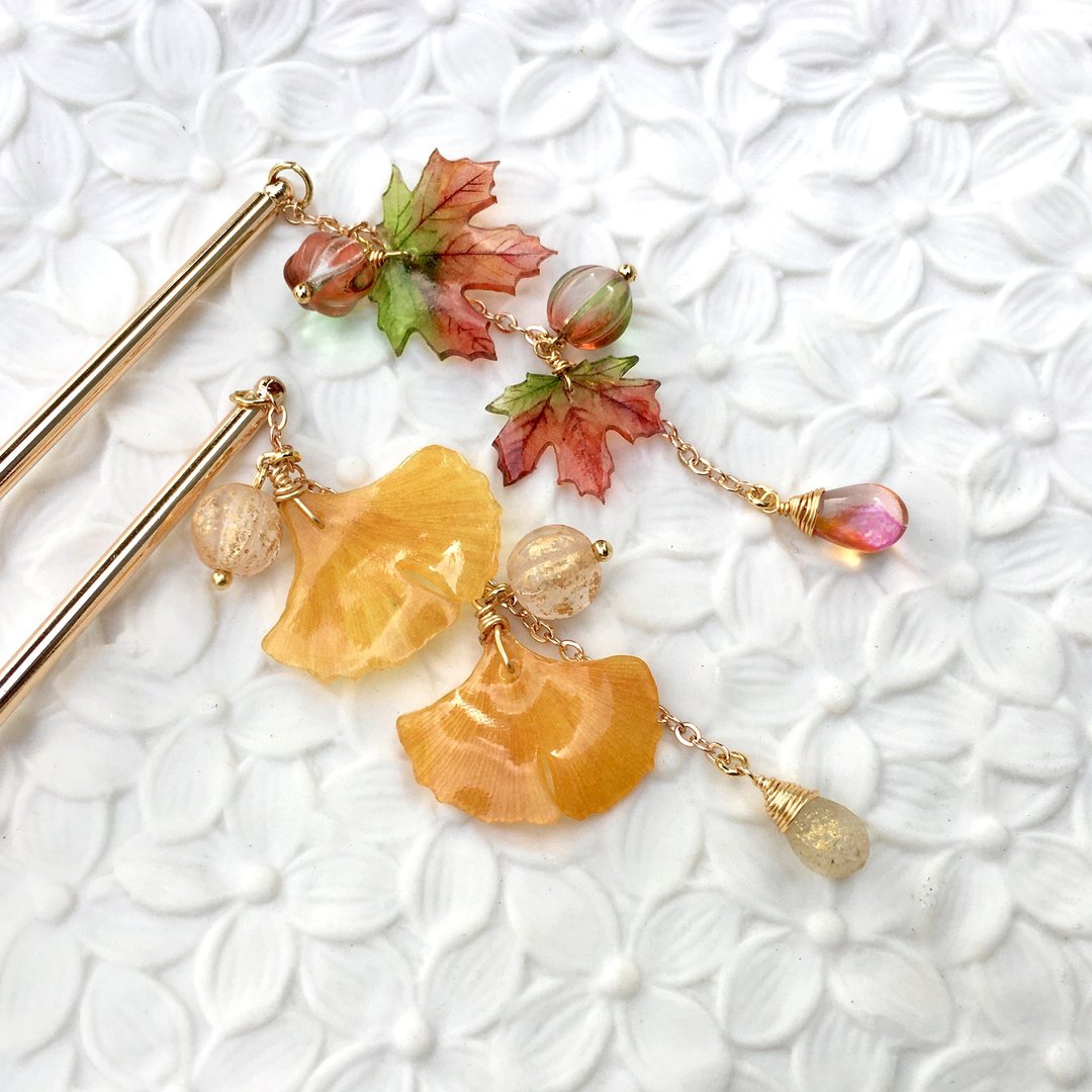 【若桑】Ginkgo/Maple。秋枫银杏。发饰。长/短发女孩适用 - 发饰 - 树脂 橘色