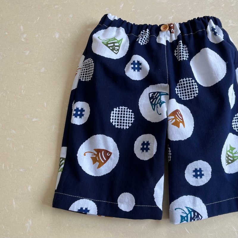 儿童浴衣短裤，中鱼图案，海军蓝，尺寸 100-130，定制化 - 童装裤 - 棉．麻 蓝色