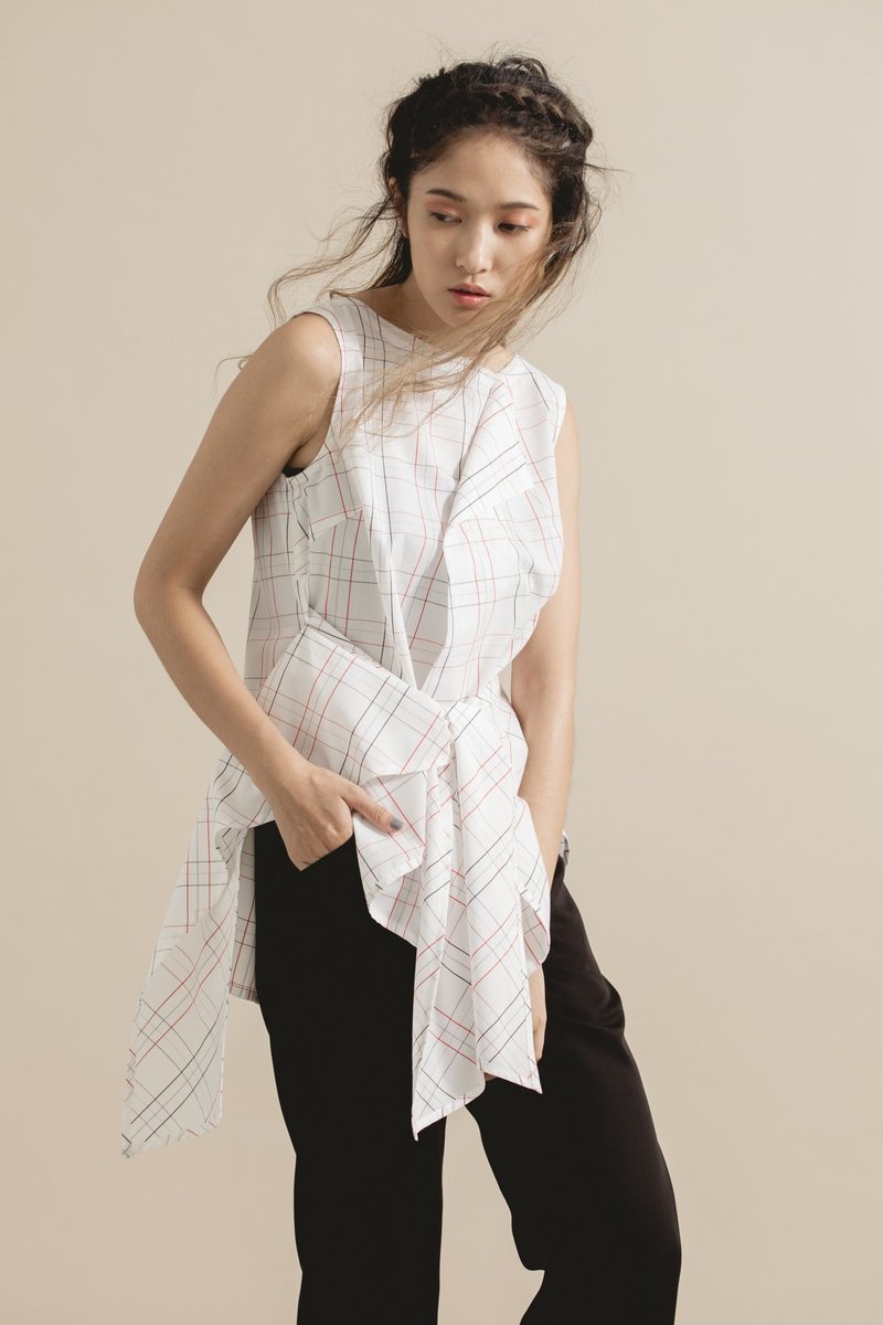 限量出清特惠 / 绑带格子背心 - 女装上衣 - 棉．麻 白色