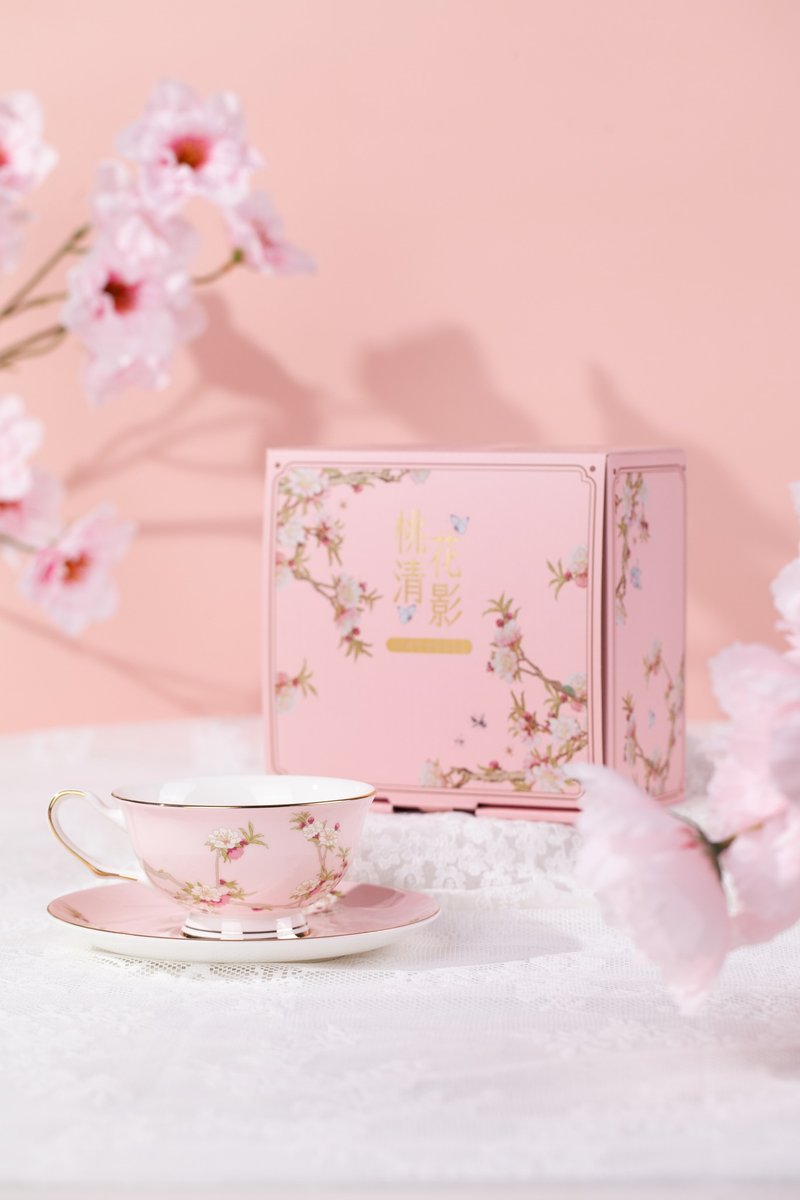 国风古典传承文化桃清花影杯碟套装咖啡杯陶瓷杯创意礼物伴手礼清 - 浅碟/小碟子 - 瓷 粉红色