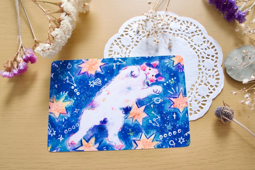 星星与慵懒猫咪明信片 - 卡片/明信片 - 纸 蓝色