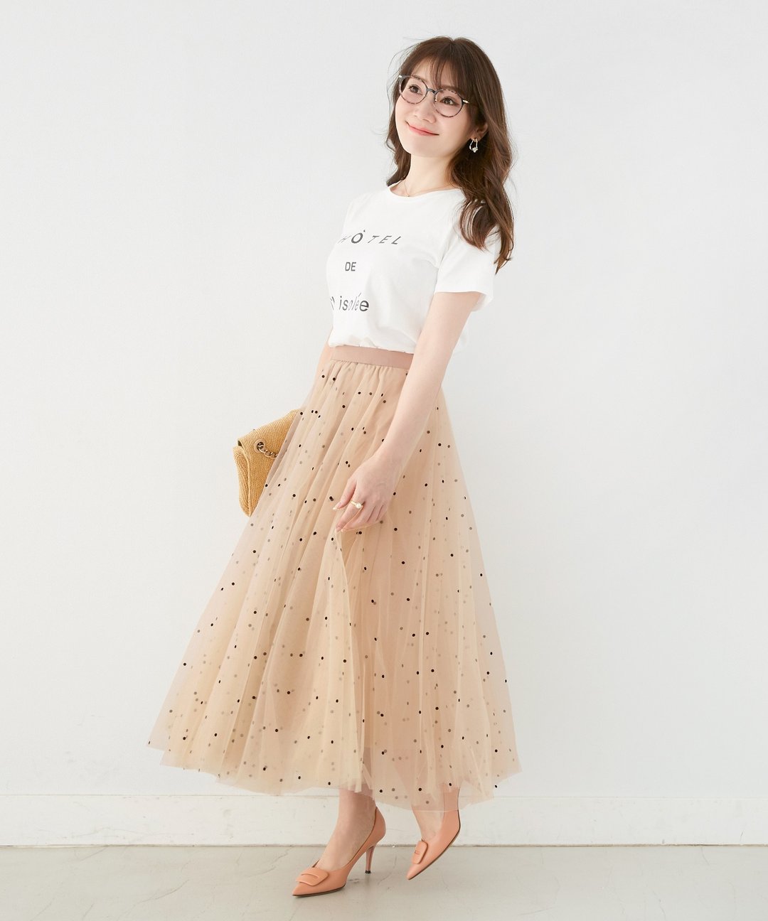 Skirt Dot tulle material Long length / Liala x PG - 裙子 - 棉 卡其色