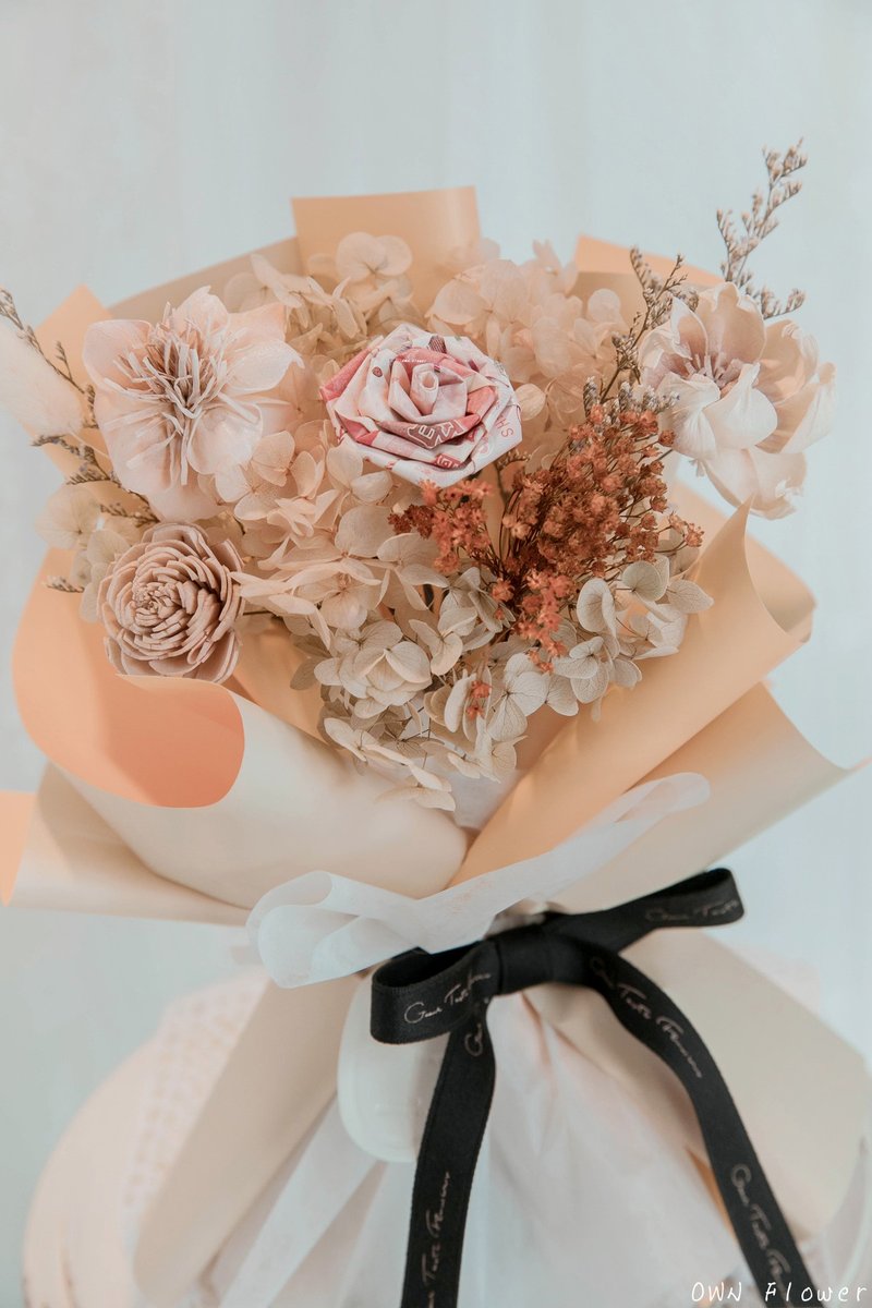 钞票花束/有钱花花束/钱花束/钞票蛋糕/生日礼物/已含现金300元 - 干燥花/捧花 - 植物．花 橘色