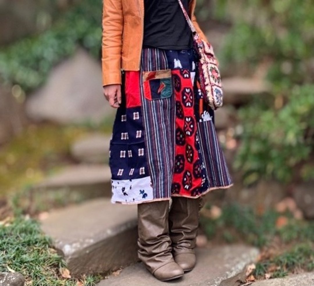 Kimono fabric and persimmon dyeing stripped patchwork reversible skirt - 裙子 - 其他材质 