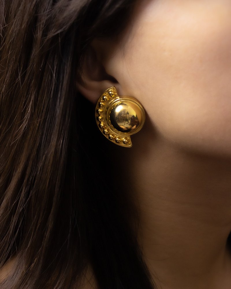 意大利Paolo Gucci名牌古董 古文明风格大圆扇金色耳夹 夹式耳环 - 耳环/耳夹 - 其他金属 金色