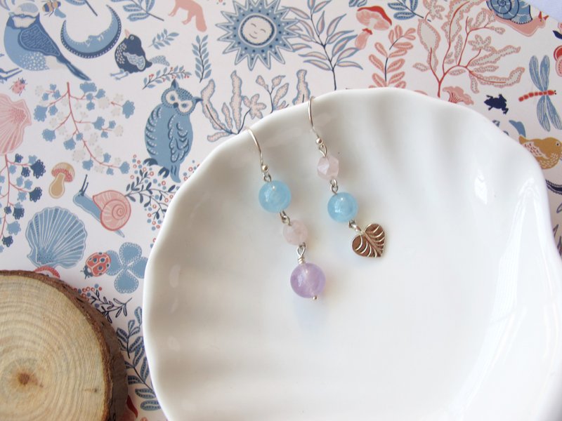 紫水晶 海水蓝宝 粉晶 925纯银【粉爱】恋爱满分 造型耳环 - 耳环/耳夹 - 水晶 多色