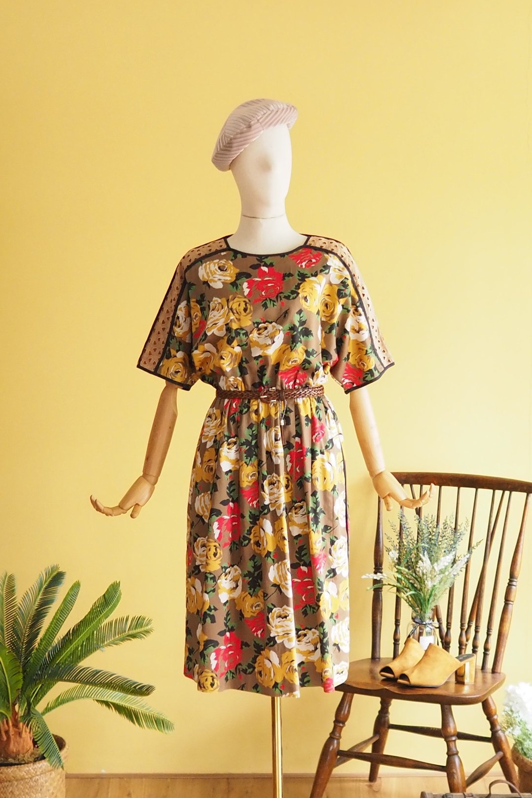 VINTAGE Rose printed dress, size M/L - 洋装/连衣裙 - 棉 咖啡色