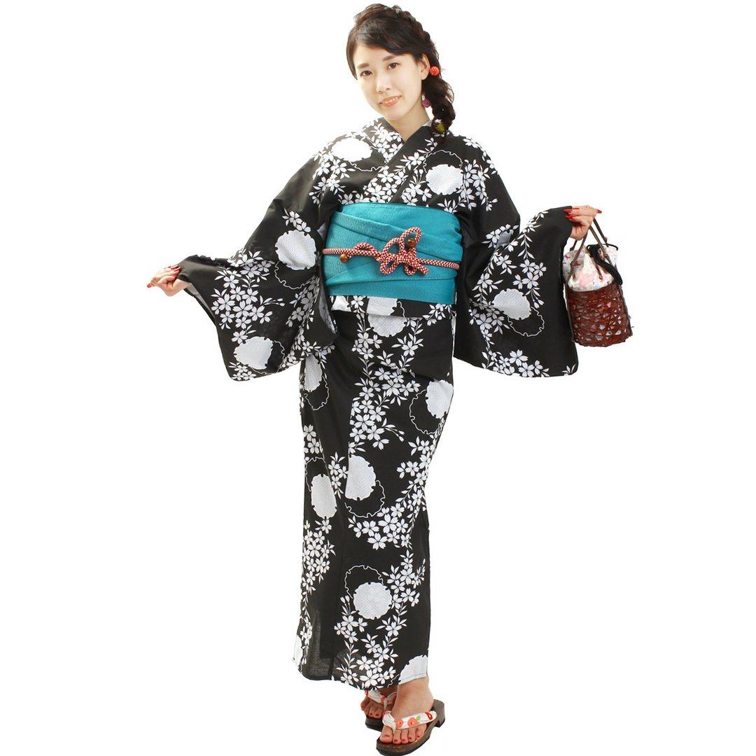 Japanese Yukata and Obi Set of 2 Size Free x10-09 - 其他 - 棉 黑色