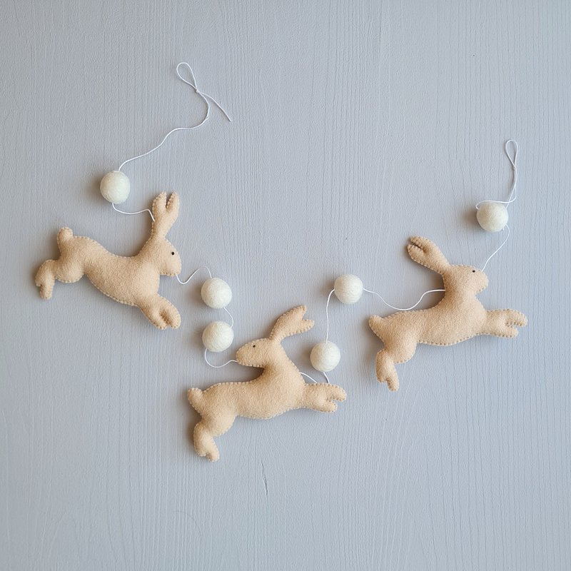 Hare garland, Bunny decor with pompoms, felt bunnies for nursery - 玩具/玩偶 - 其他材质 咖啡色