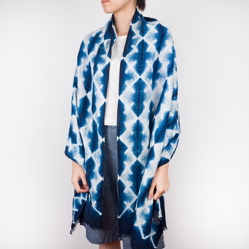Natural Indigo Dye Blue Linen Long Scarf - Katano Crosses - 丝巾 - 亚麻 