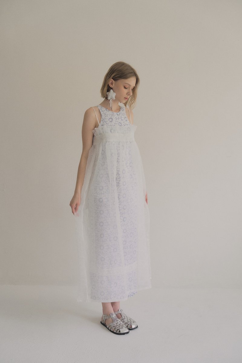 organza pocket dress 欧干纱口袋洋装 fog white 云雾白 - 洋装/连衣裙 - 聚酯纤维 白色