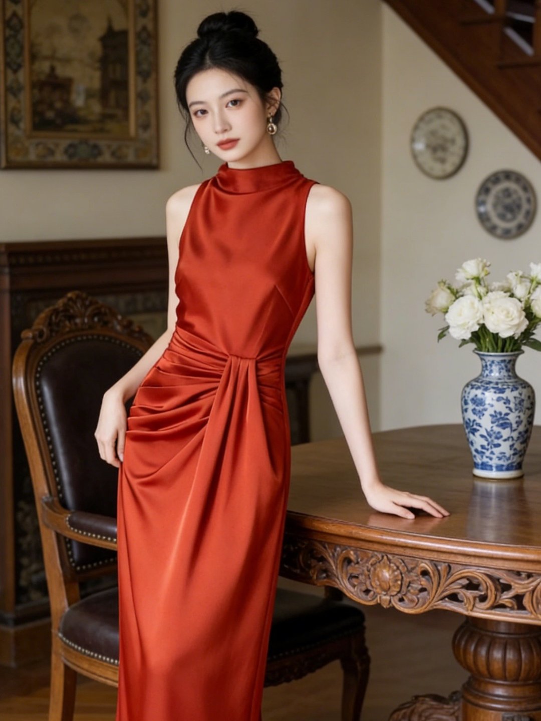 酒紅色緞面 輕奢優雅風無袖高領禮服 女高級感氣質長裙 宴會洋裝 - 晚装/礼服 - 其他人造纤维 红色