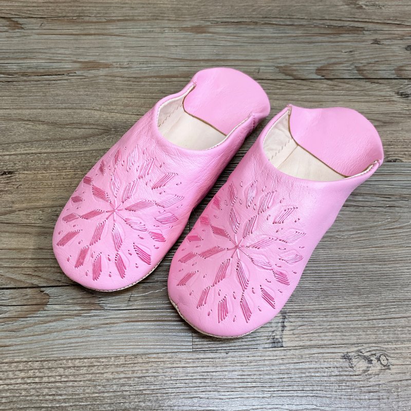 摩洛哥 babouche 室内拖鞋 极简花砖刺绣 粉 - 室内拖鞋 - 真皮 粉红色