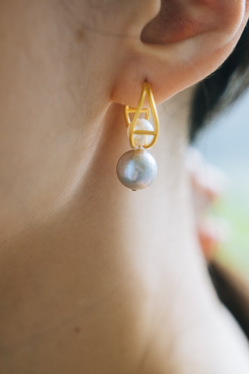 平衡双珍珠 天然淡水珍珠耳环 - 耳环/耳夹 - 珍珠 