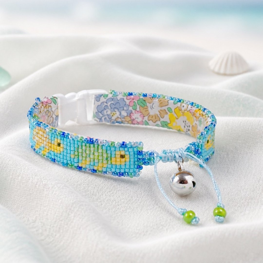 迷你海洋世界 海龟图案珠饰编织猫用项圈 Beaded Cat Collar - 项圈/牵绳 - 棉 多色