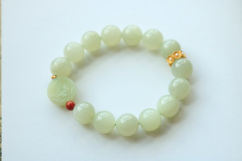 天然和田玉 /和阗玉-晴水玉 南红花球 设计手串项链手持hs - 手链/手环 - 玉石 绿色