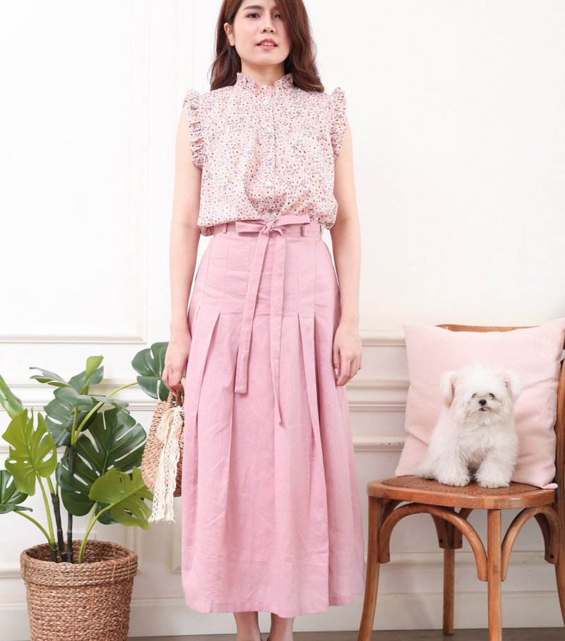 【Off-Season Sales】Linen Skirt with Waist Sash - 裙子 - 亚麻 粉红色