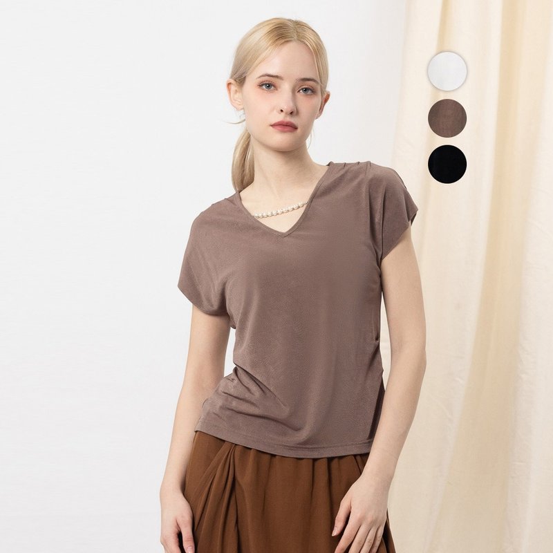 【MEDUSA】优雅珍珠项链垂坠简约上衣 - 3色(M-XL) | 女休闲上衣 - 女装 T 恤 - 其他人造纤维 咖啡色