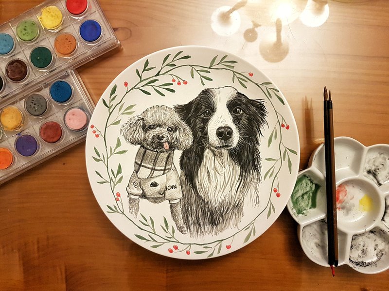 【定制化礼物】InjoyPet 宠物手绘陶瓷盘(素描+彩边) 8寸圆盘 - 盘子/餐盘/盘架 - 瓷 