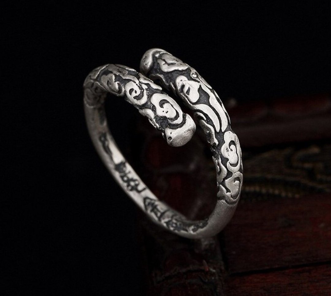 Real S 999 Fine Silver Women Finger Rings Vintage Old Totem Patterns Opening - 戒指 - 银 银色