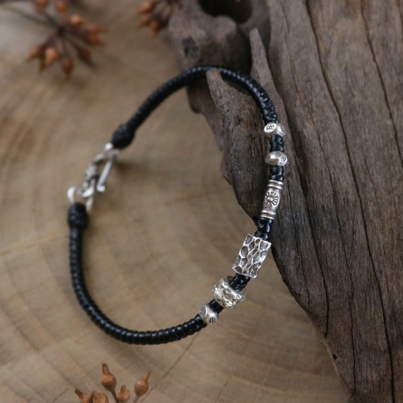 手作编织蜡绳泰国银珠手链 男女皆宜纯银饰品 设计款蜡绳手链 - 手链/手环 - 纯银 黑色