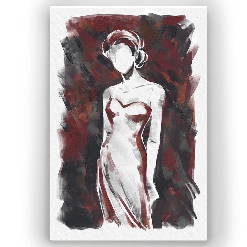 时尚女性插画水彩画 砖红灰色调 现代优雅装饰画 适用于卧室客厅 - 墙贴/壁贴 - 纸 灰色