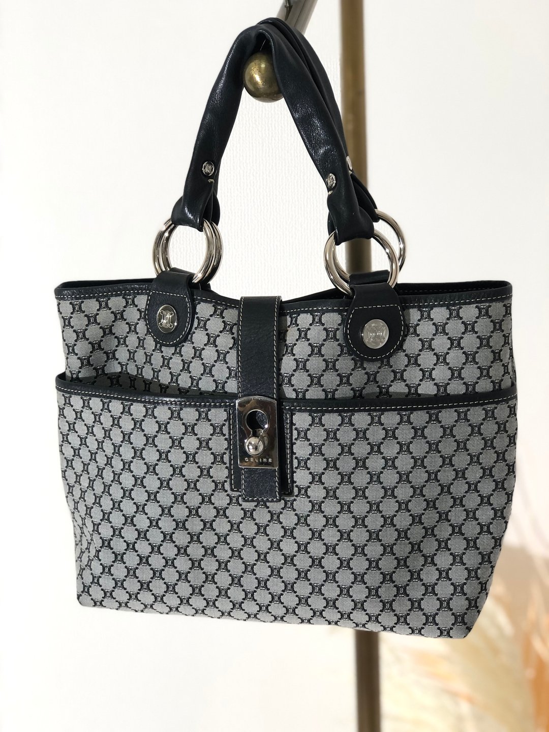 【日本直送，名牌二手包装】CELINE Blason Front Lock Canvas Tote Bag 黑 Vintage Vintage eeg8mp - 手提包/手提袋 - 真皮 蓝色