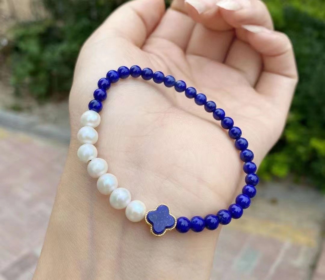 星光天空 天然原矿青金石 珍珠纯银镶嵌青金四叶草设计单圈手串 - 项链 - 半宝石 蓝色