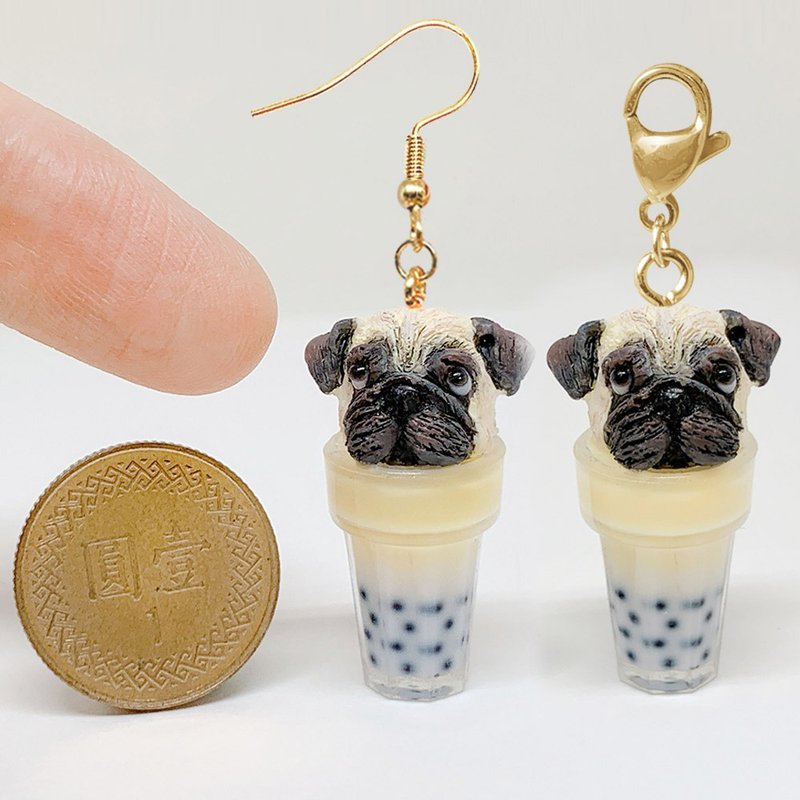 【微距食界】手作/巴哥犬/珍珠奶茶/耳环/吊饰/摆饰(单一个) - 耳环/耳夹 - 树脂 多色
