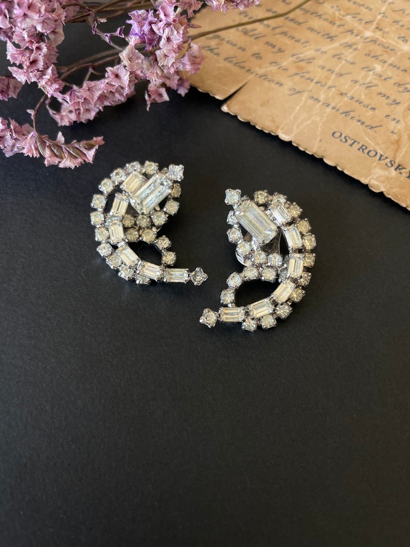 古董 银色透明莱茵石雪花烟火夹式耳环  960 c443 - 耳环/耳夹 - 其他金属 银色