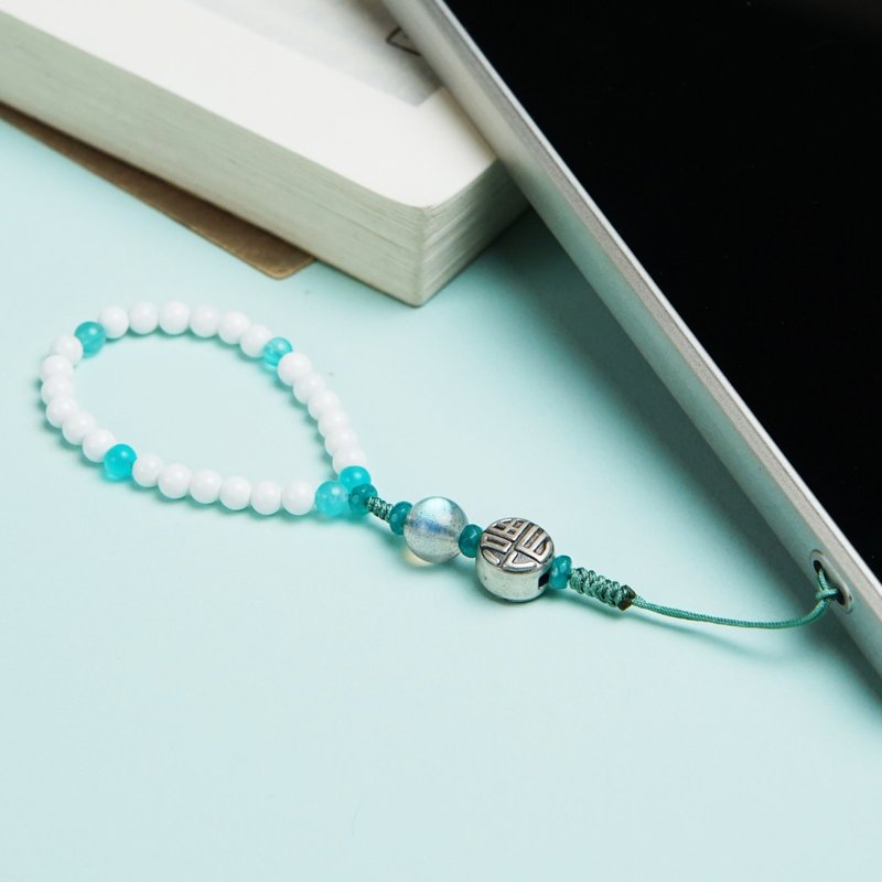 短款手机链天然白砗磲灰月光石s925纯银福字指环链防丢手机挂绳 - 手链/手环 - 贝壳 