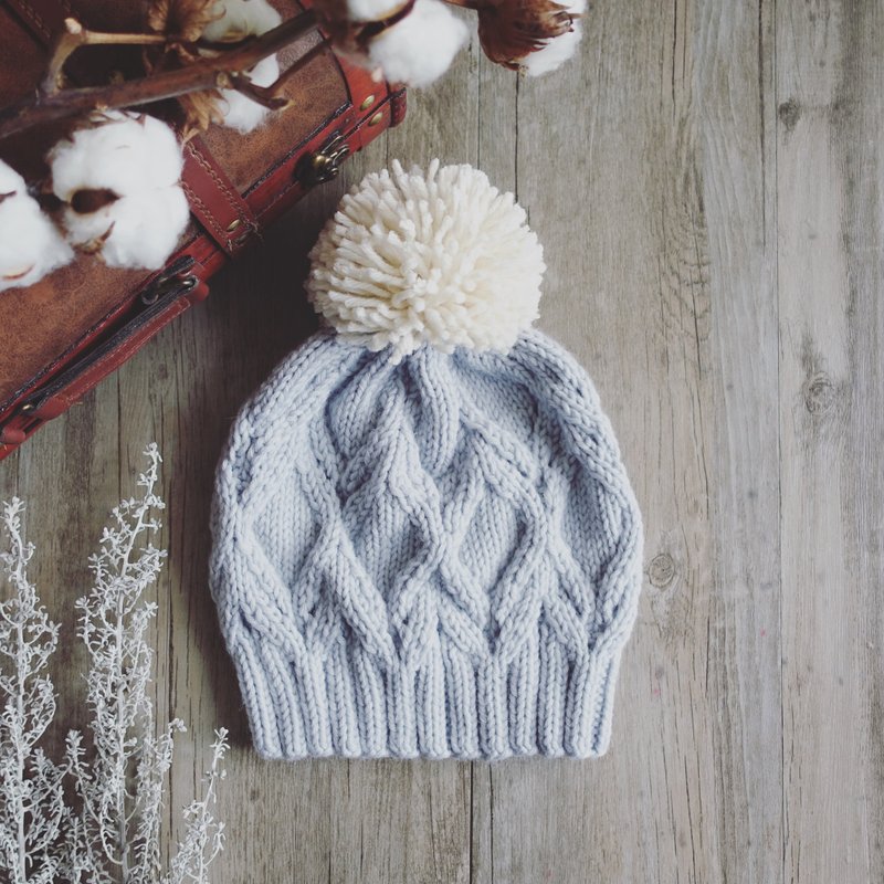 镂空花样毛帽 成人尺寸手工编织毛帽 - 帽子 - 羊毛 银色