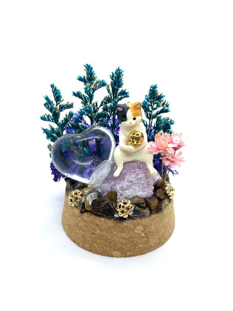 蓝紫树林。猫咪与白水晶心/紫锂辉石-手工玻璃罩公仔/水晶/干燥花 - 摆饰 - 水晶 