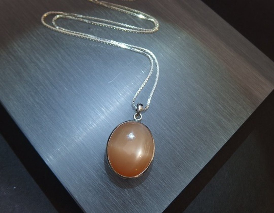 橙月光石纯银吊坠  Moonstone Silver Pendant - 项链 - 宝石 橘色