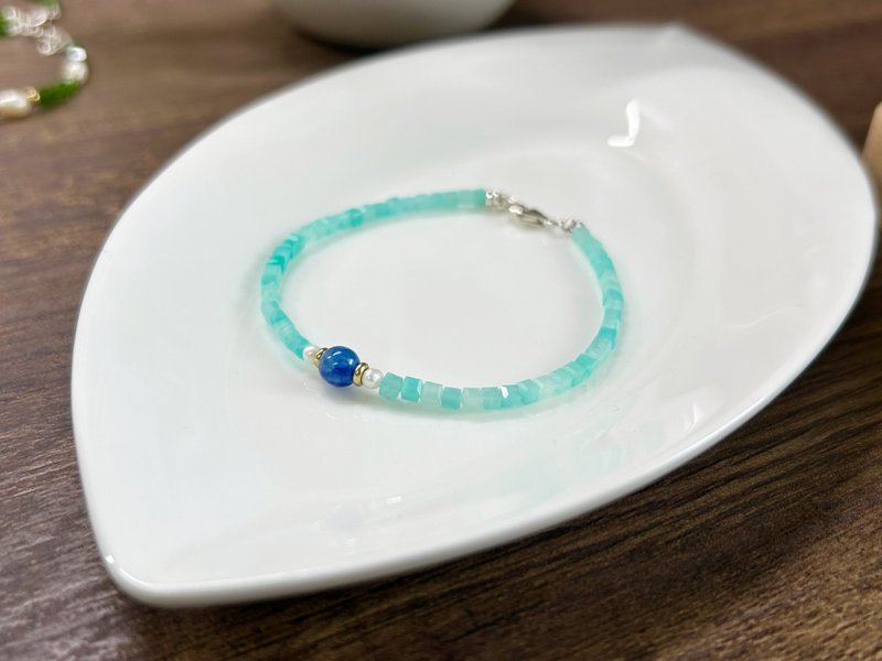 蓝晶石 珍珠 天河石 925银【方糖】摆脱负面能量 - 手链/手环 - 水晶 蓝色