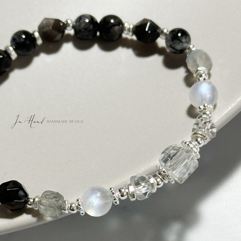 黑白优雅-黑发晶.黑曜岩.月光石-纯银设计款手链 - 手链/手环 - 水晶 黑色