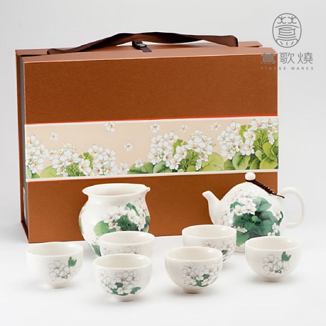 【莺歌烧】新太源 - 油桐花开八件茶具组 - 茶具/茶杯 - 陶 白色