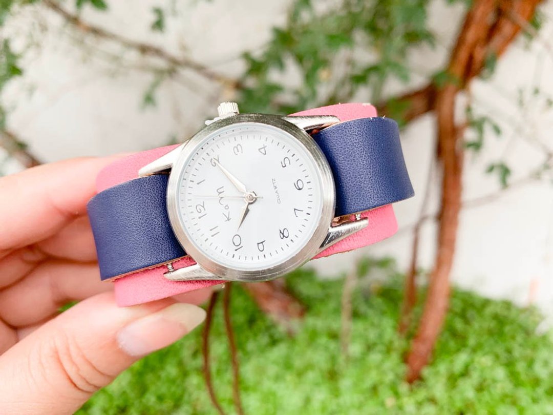 WPILES Beautiful pink x navy line W piles watch Easy-to-read dial WPW-PNH-B - 女表 - 真皮 粉红色
